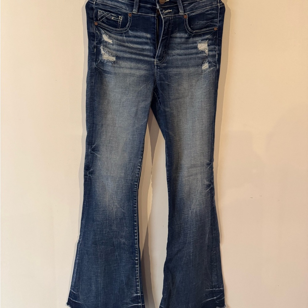Buckle Blue Flare Wide Leg Jeans with Vintage Distressing